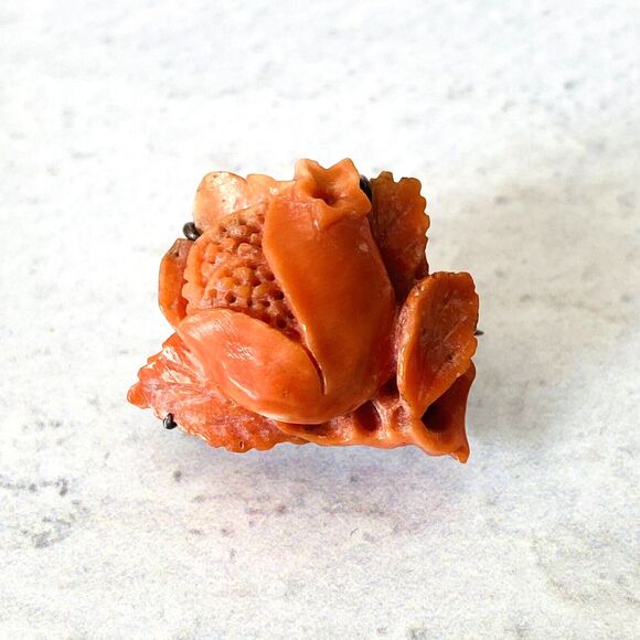 Antique Hand Carved Coral Flower Pin Detailed Dimensional Petite Tiny Small